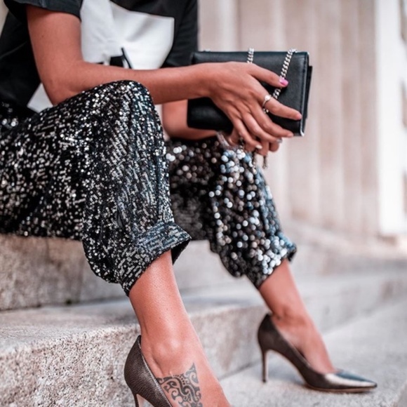 NEW ZARA Black Sequin Pants XS - Picture 8 of 13